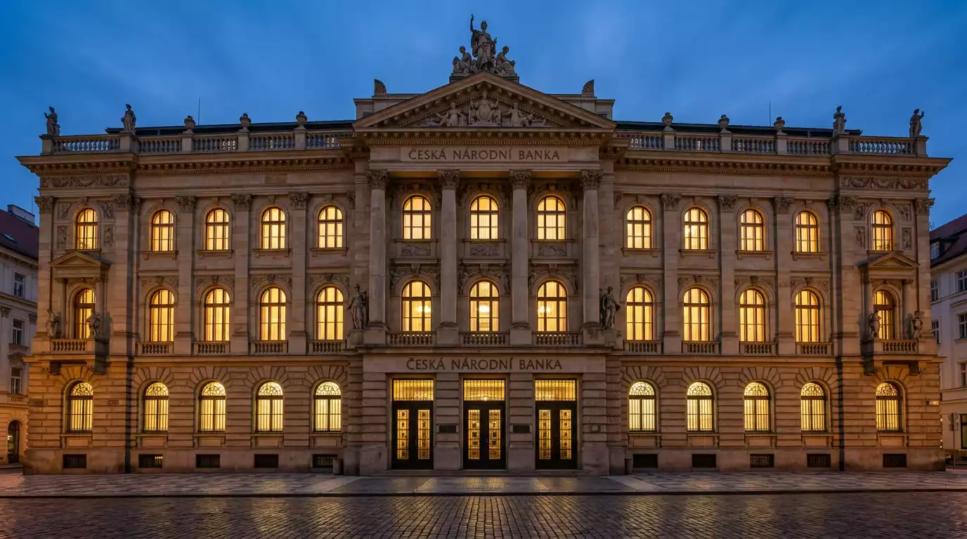 Budova České národní banky v Praze symbolizující regulaci MiCA a CASP licence pro krypto sázení